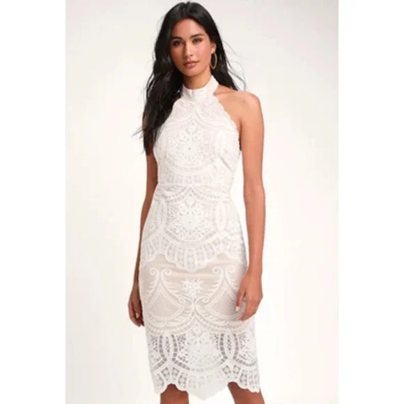 Lulus Dress Womens Medium White‎ Lace Nude Lined Halter Midi Cocktail Bridal - Picture 2 of 10